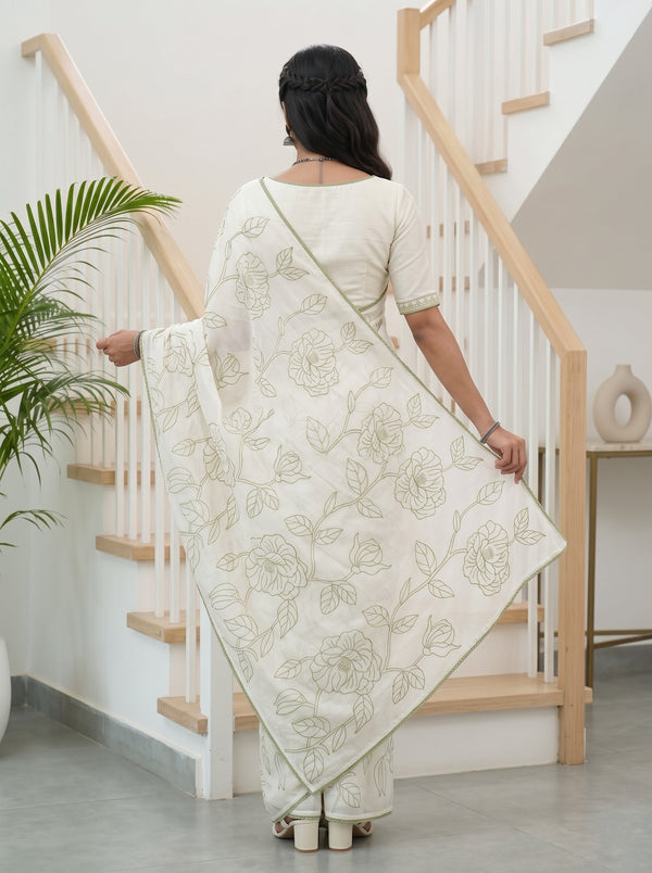 Mul Chanderi White Olive Green Floral Vine Outline Embroidery Border Saree