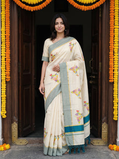 Tissue Cream Multicolor India Map Print Traditional Teal Border Festive Kerala Saree