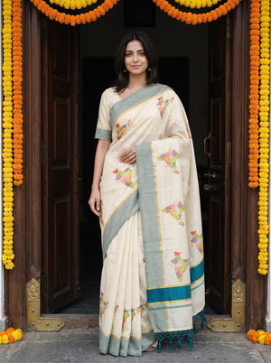 Tissue Cream Multicolor India Map Print Traditional Teal Border Festive Kerala Saree