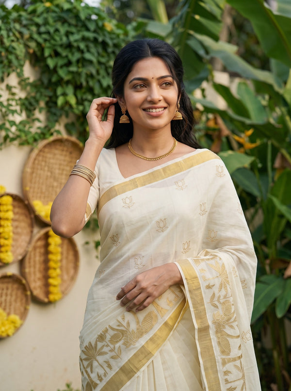 Tissue Cream Golden Lotus Butti Print Onam Special Kerala Saree with Coconut Palm Pallu