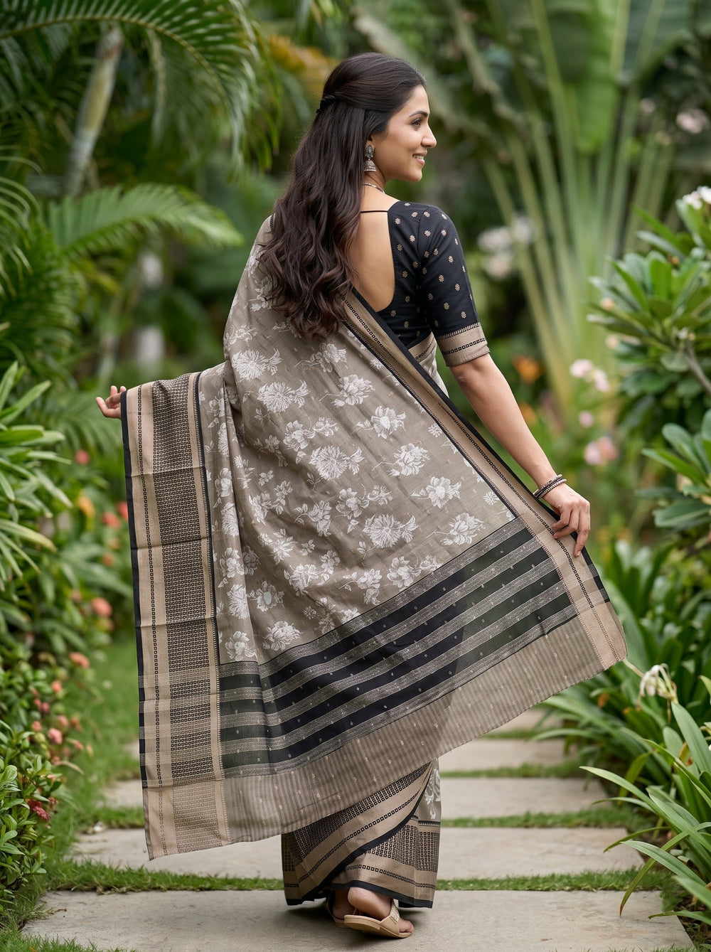Chanderi Taupe Grey White Floral Print Saree