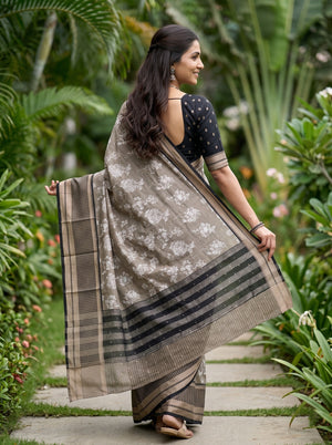 Chanderi Taupe Grey White Floral Print Saree