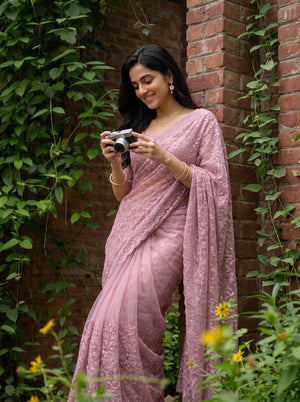 Net Kota Pink Floral Lace Embroidery Saree