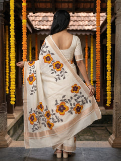 Cotton White MariGolde Orange Floral Print Rose Golden Border Onam Special Kerala Saree