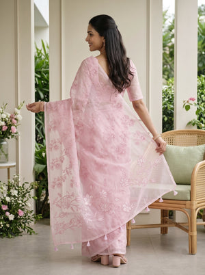 Organza Pink Self-Tone Floral Vine Embroidery Lotus Border Saree