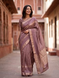 Semi Silk Mauve Dusty Rose Self-Tone Zari Striped Saree