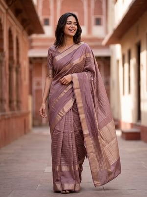 Semi Silk Mauve Dusty Rose Self-Tone Zari Striped Saree
