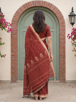 Cotton Maroon Cream Zigzag Floral Butta Saree