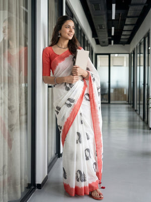 Cotton White Face Print Saree with Red Border and Tassels