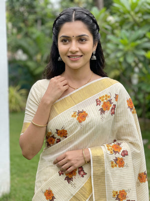 Tissue Cream Orange Floral Print Kerala Saree with Butterfly Motif