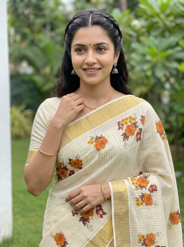 Tissue Cream Orange Floral Print Kerala Saree with Butterfly Motif