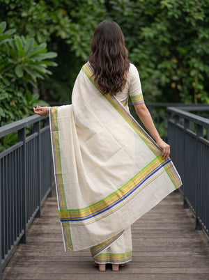 Cotton Cream Kasavu Striped Border Kerala Saree with Blue Green Golden Trim