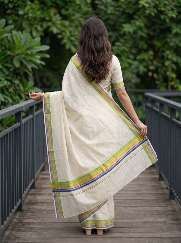 Cotton Cream Kasavu Striped Border Kerala Saree with Blue Green Golden Trim