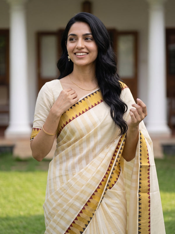 Tissue Cream Yellow Zigzag Temple Border Onam Kerala Saree