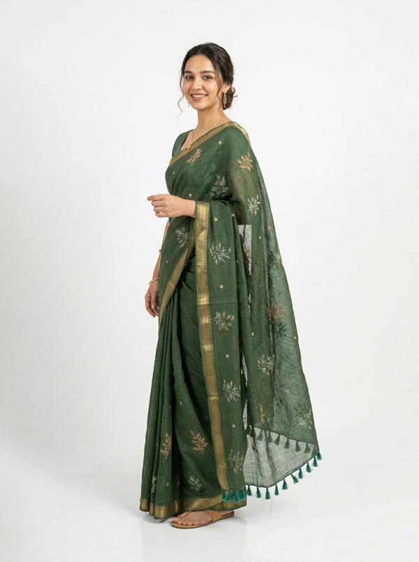 Chanderi Silk Bottle Green Embroidered Zari Border Saree