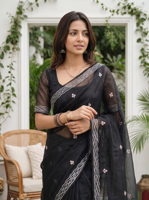 Organza Black Lotus Pond Dragonfly Embroidery Scenic Pallu
