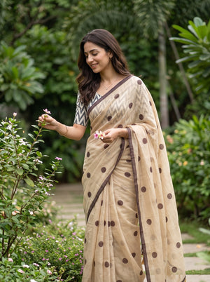 Cotton Saree in Beige with Brown Polka Dot Pattern