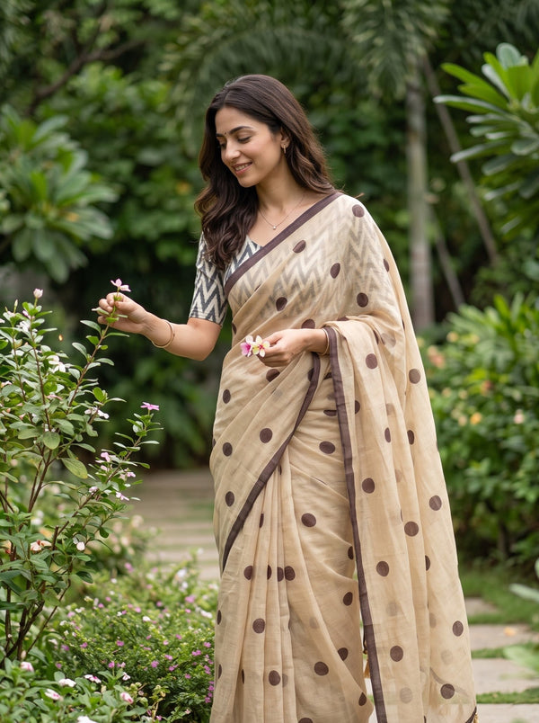 Cotton Saree in Beige with Brown Polka Dot Pattern