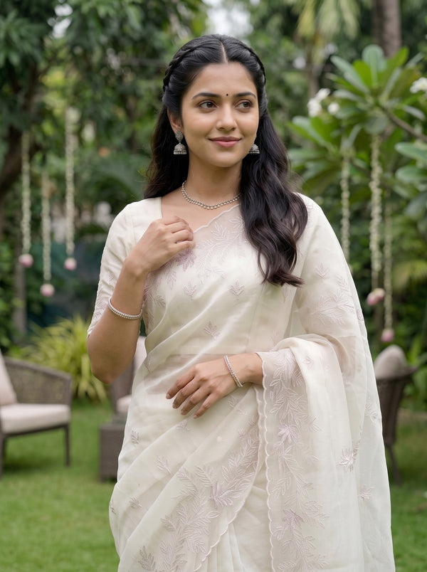 Organza Ivory Floral Leaf Embroidery  Saree