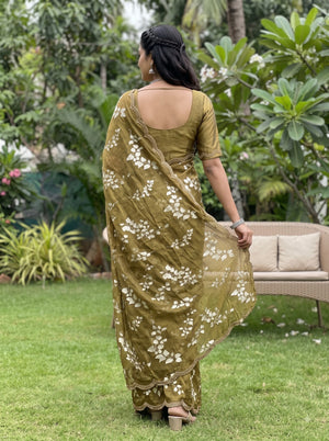 Chiffon Olive Green Floral Leaf print Saree