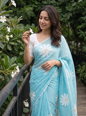 Cotton Turquoise Saree with White Daisy Floral Print
