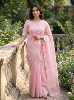 Pure Chanderi Pink Floral Embroidery Chrysanthemum Motif Fringe Saree