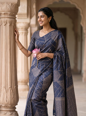 Semi Silk Navy Blue Self-Tone Geometric Print Saree with Tassels