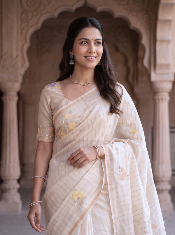 Pure Chanderi Off-White Saree with Embroidered Floral Pallu