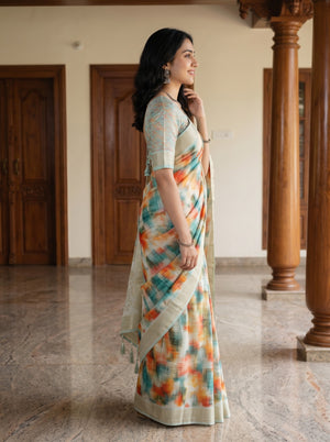 Semi Tussar Teal Orange Watercolor Print Saree with Golden Border and Tassels