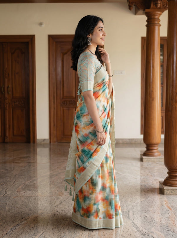 Semi Tussar Teal Orange Watercolor Print Saree with Golden Border and Tassels