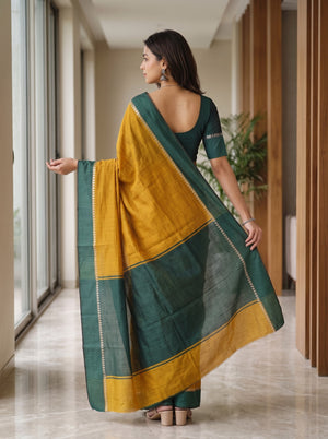Cotton Silk Mustard Yellow Bottle Green Dual-Tone Saree