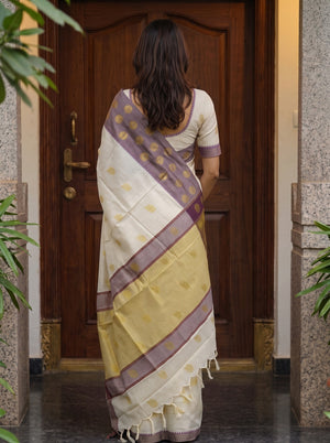 Cotton Cream Checkered Body Saree with Gold Buti and Maroon Temple Border