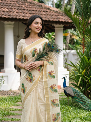 Tissue Cream Kerala Saree with Peacock Feather Floral Print Pallu, Golden Zari Border