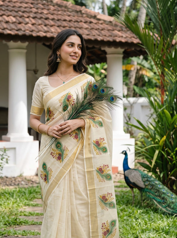 Tissue Cream Kerala Saree with Peacock Feather Floral Print Pallu, Golden Zari Border