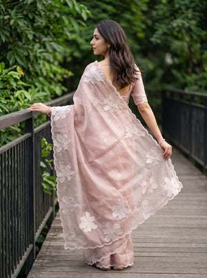 Tissue Silk Mauve Saree with Scattered Magnolia Flower Embroidery