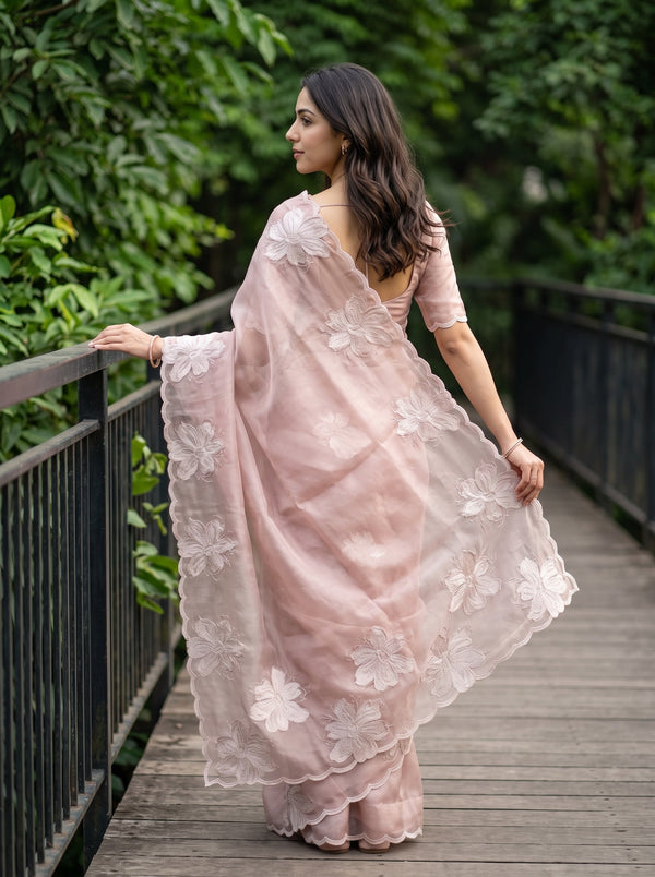 Tissue Silk Mauve Saree with Scattered Magnolia Flower Embroidery