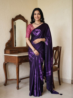 Synthetic Deep Purple Tie Dye Ring Pattern Saree with Tassels