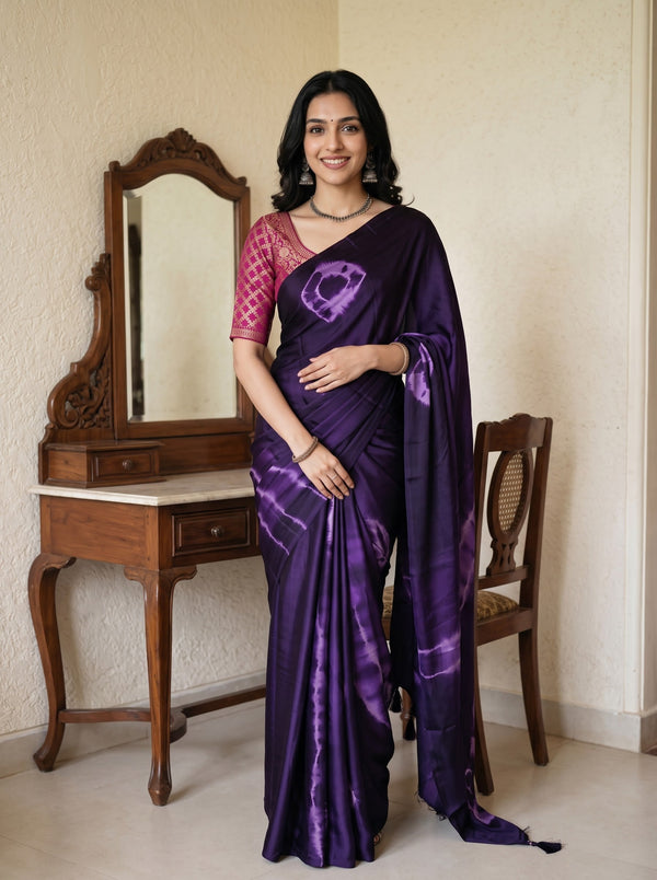 Synthetic Deep Purple Tie Dye Ring Pattern Saree with Tassels