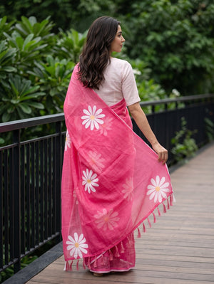 Cotton Pink Saree with White Daisy Floral Print