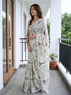 Synthetic Off White Black Paris Print Newspaper Theme Saree