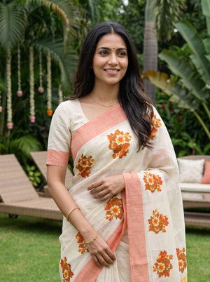Tissue Cream Kerala Saree with Orange Floral Print Pallu, Golden Zari and Orange Striped Border
