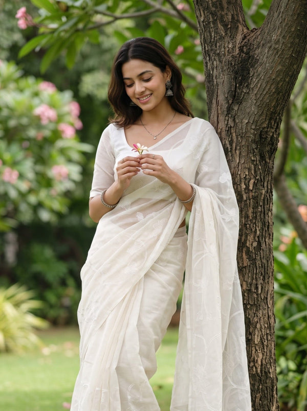 Mul Chanderi Cream Saree with Floral Vine Embroidery