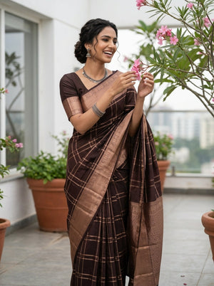 Kanjivaram Silk Coffee Brown Checked Saree with Gold Border
