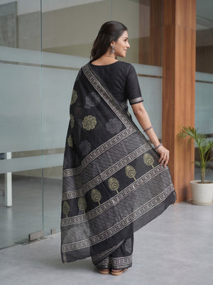 Cotton Block Print Saree in Black with Mustard Floral Rosette Pallu