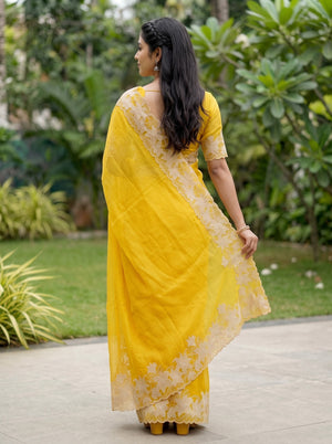 Organza Mustard Yellow Saree with Floral Applique Cutwork Border Pallu