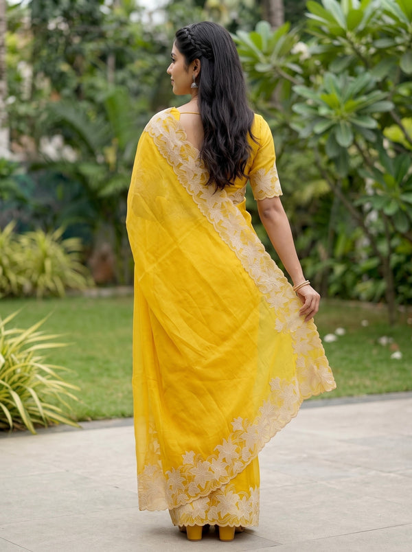 Organza Mustard Yellow Saree with Floral Applique Cutwork Border Pallu
