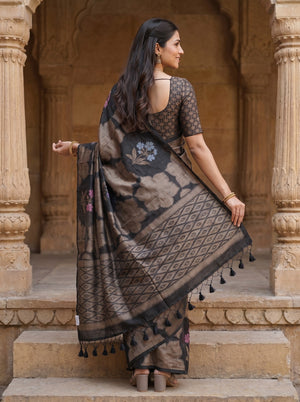 Semi Silk Black Multicolor Floral Bouquet Medallion Saree with Tassels