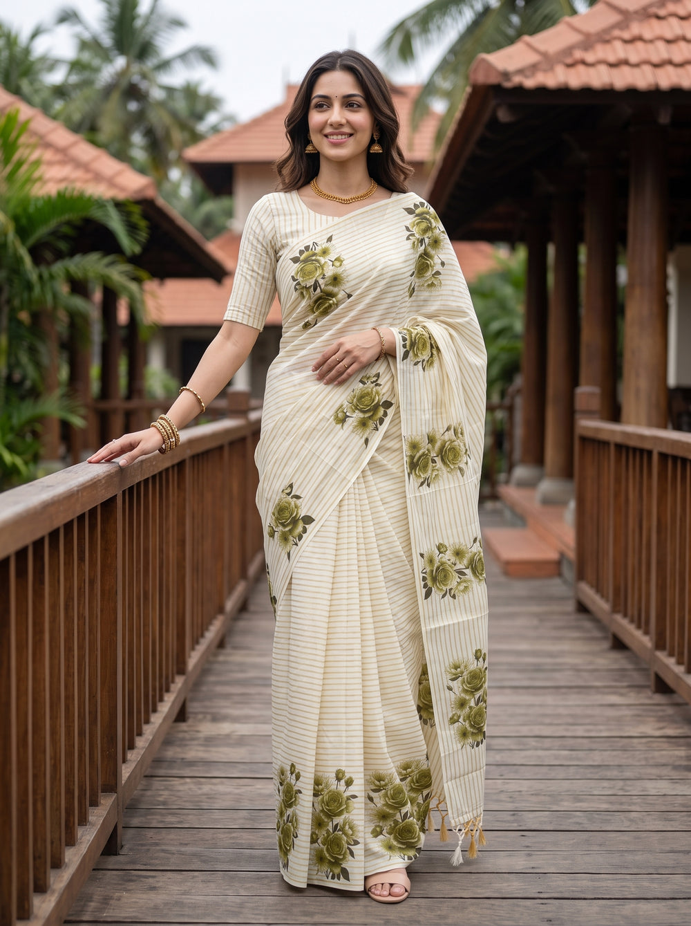 Cotton Cream Green Rose Print Saree with Gold Pinstripe