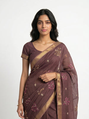 Chanderi  Wine Brown Embroidered Border Saree