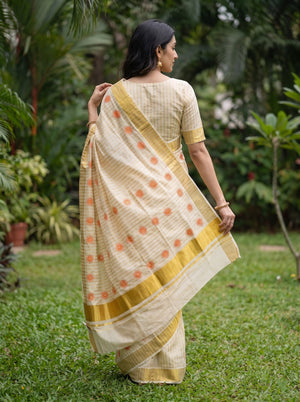 Tissue Cream Orange Lotus Print Kerala Saree with Golden Zari Border